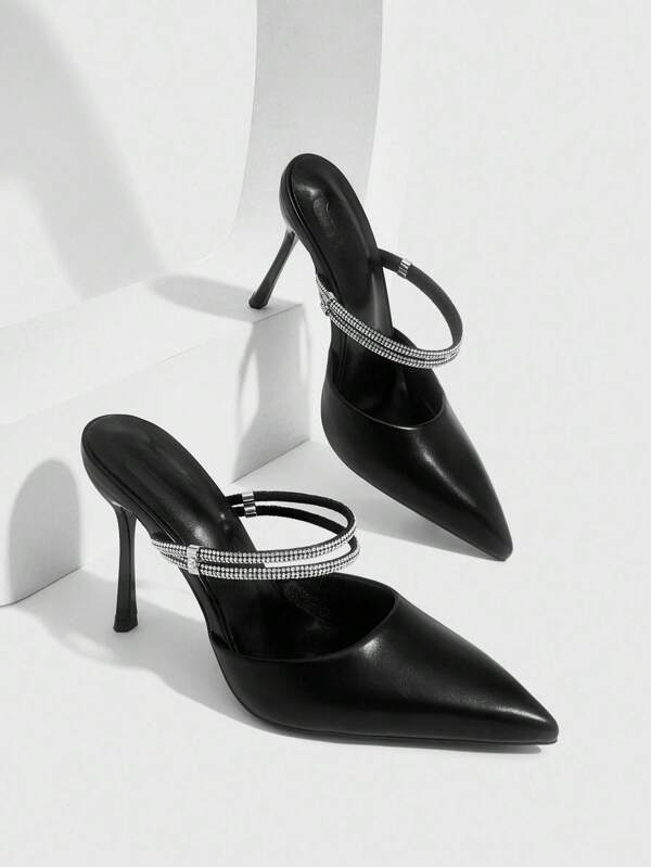 CUCCOO SZL Mules à talon haut sexy et pour femmes, à bout pointu, talons fins, avec bretelles en strass noires