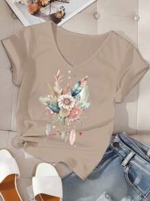 SHEIN LUNE 大码女式休闲花卉印花 V 领落肩修身短袖 T 恤、套头衫，适合夏季 - 卡其色 - 查看 3