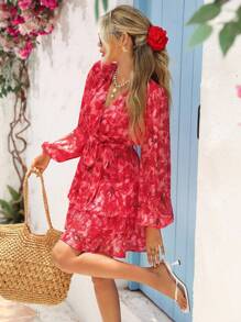 Vivid Eden Women's Red Floral Print Long Sleeve Mini Dress For Vacation,Fall Women Clothes, Women Vacation Dress, Red Floral Dress, Tiered Ruffle Dress, Lantern Sleeve Dress,Halloween,Wedding Guest Dress Women,Date Night Dress,Casual Dresses For Women