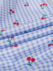SHEIN Genkimix Kids Young Girls Cherry Print Short Sleeve T-Shirt And Plaid Pants Casual Outfit,Gingham Summer Family Matching Kids Set - Multicolor - View 4