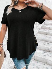SHEIN CURVE+ Plus Size Women's Casual Long T-Shirt: Skin-Friendly Knitted Fabric, Round Neck, Short Sleeves, Asymmetrical Hem With Button Details, And Semi-Sheer Design For Effortless Style. - Black - View 5