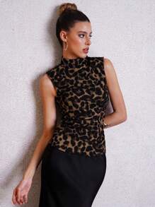 Lavishia Leopard Print Mock Neck Bodycon Tank Top For Women