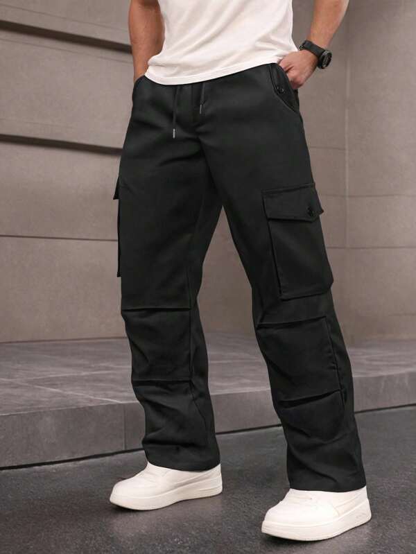 Manfinity Roughcore Herren einfarbige Cargohose mit Kordelzug in der Taille und Mehrfachtaschen, Herbst