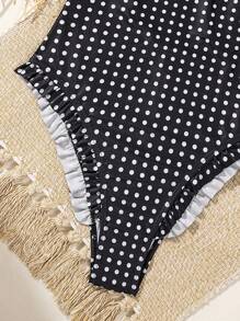 Swim Mod Women's Summer New Seaside Swimming Fashionable Vacation Sweet Black & White Polka Dot Print Cute Ruffle One-Piece Swimsuit - Black and White - View 5