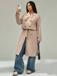 SHEIN PETITE 女款三穿风衣，可穿出多种场合，短款和长款风衣可自由切换，还有长款背心，秋冬四季皆可穿 - 卡其色 - 查看 8