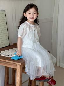 Dazy Kids 女童夏季纯色休闲清新衬衫套装 - 杏色 - 查看 3