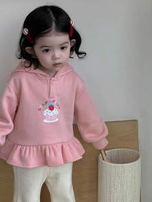DAZY 女婴连帽纯色休闲荷叶边长袖卫衣，秋冬季幼儿女童服装 - 粉色 - 查看 5
