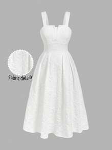SHEIN MOD Plus Size New Textured Floral Woven Fabric Short Sleeve Round Neck Asymmetric Back Gathered Detail Fashion Young Fitting Office & Casual Slim Waist Elegant Midi Length Dress,Summer Dresses For Women White Midi Dress White Dress White Sundress Bridal Shower Dress White Church Dress White Dress For Wedding,Wedding Guest Dress Women - White - View 1
