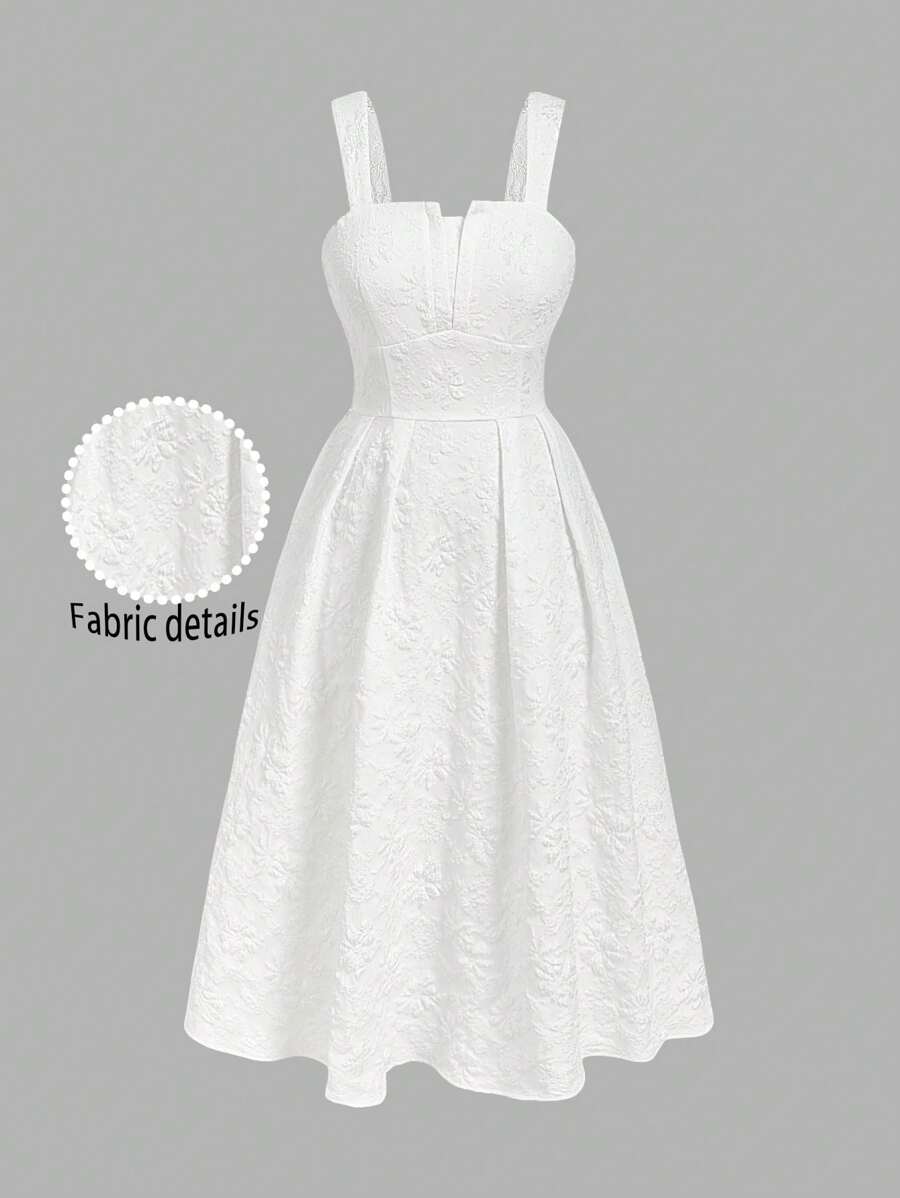 SHEIN MOD Plus Size New Textured Floral Woven Fabric Short Sleeve Round Neck Asymmetric Back Gathered Detail Fashion Young Fitting Office & Casual Slim Waist Elegant Midi Length Dress,Summer Dresses For Women White Midi Dress White Dress White Sundress Bridal Shower Dress White Church Dress White Dress For Wedding,Wedding Guest Dress Women - White - View 1