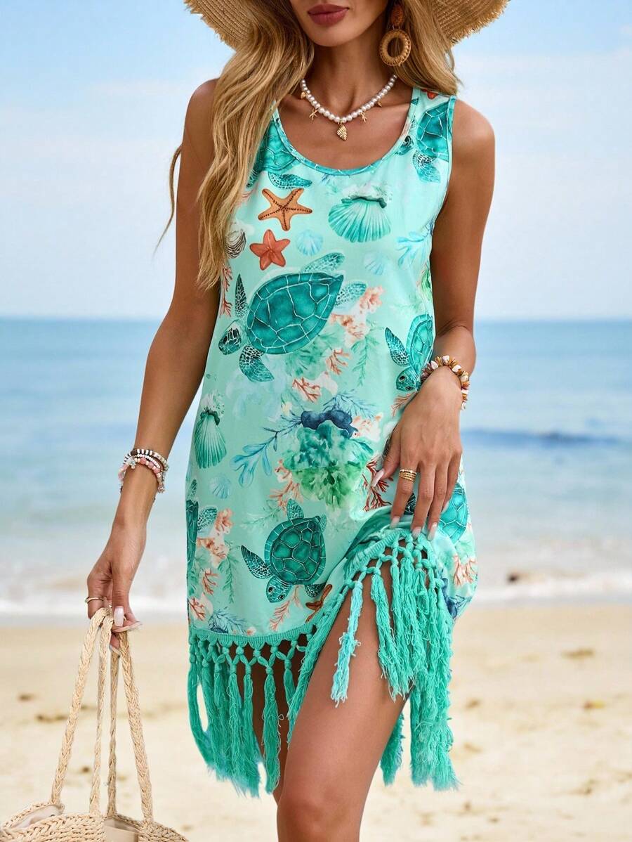 Swim Lushoire 女式夏季海滩度假随机印花圆领无袖拼接流苏下摆罩衫连衣裙 - 彩色 - 查看 1