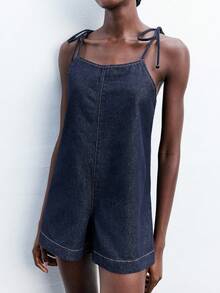 Maija 女式牛仔背带裤和连体裤，休闲修身吊带连体裤，蓝色牛仔连体裤女式连体裤 - 深色水洗藍 - 查看 3