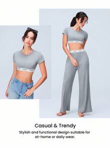 LUVLETTE 夏季运动风女式灰色柔软棉质罗纹内置罩杯文胸休闲上衣和裤子透气舒适睡衣套装，搭配弹力腰带带口袋运动裤，可作内衣外穿的配套套装 - 灰色 - 查看 7