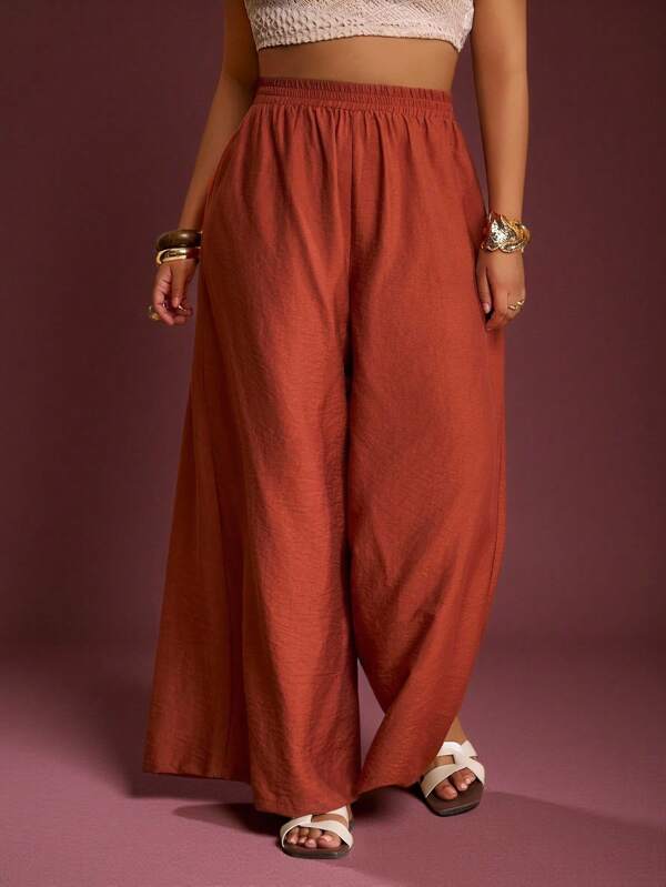 Slaydiva Pantalón ancho de talle alto de color marrón liso para mujer, estilo verano 2025 ideal para vacaciones casuales, salidas diarias, vuelta al colegio, vacaciones, estilo bohemio, nómada, fiestas, festivales, Día de la Independencia, viajes, marrón
