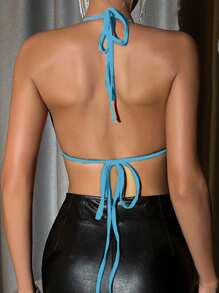 Zolique Rhinestone Fringe Trim Backless Crop Halter Top For Holiday Party Clothes - Baby Blue - View 3