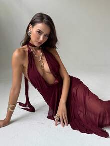 Aloruh 全新性感低胸褶皱开衩露背垂坠式领口连衣裙，带拖尾，派对/鸡尾酒会礼服 - 酒紅色 - 查看 3