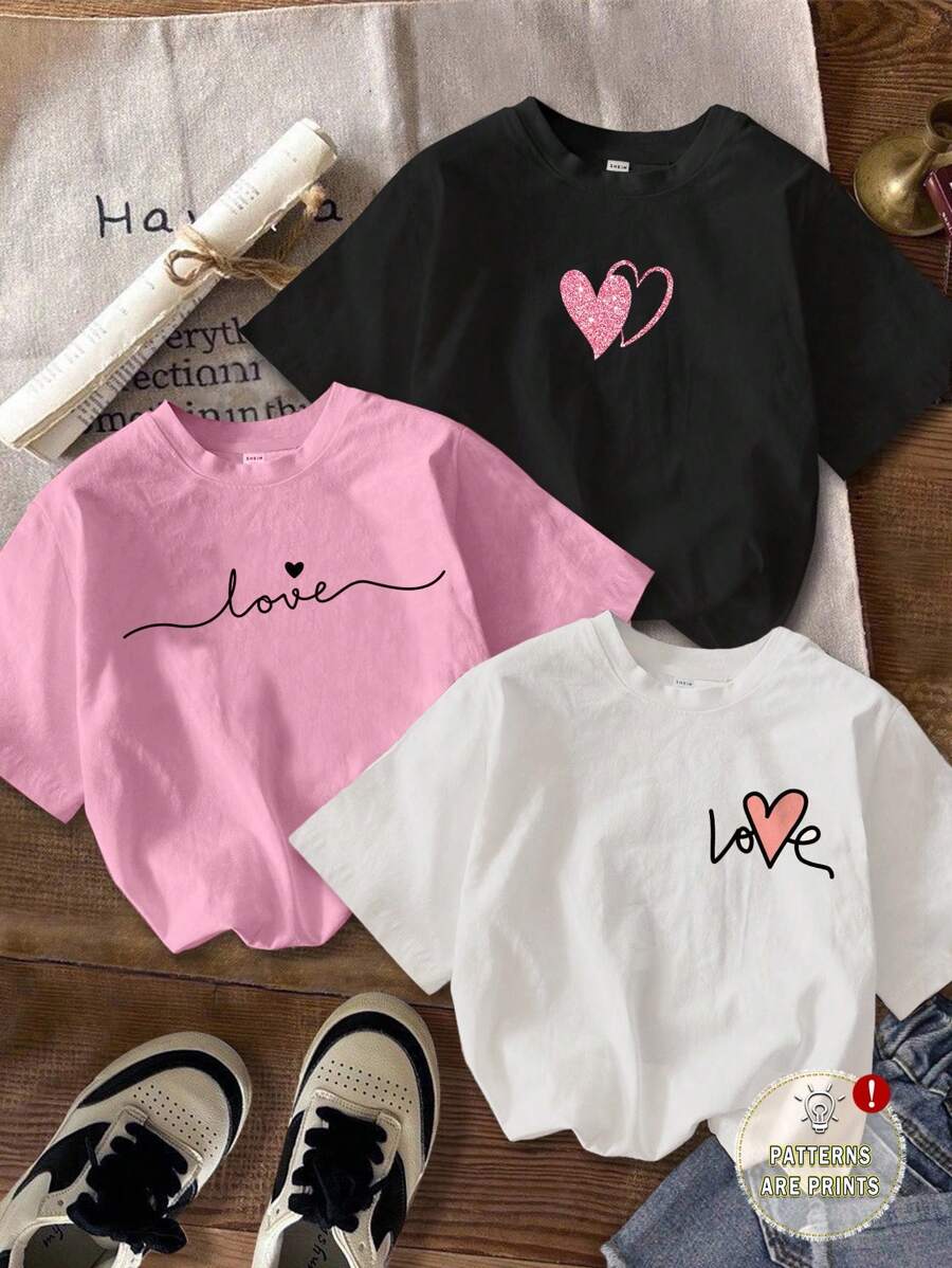 Attitoon Conjunto 3 peças de camiseta casual minimalista com estampa de coração, gola redonda, manga curta, cropped, justa, para mulheres, adequada para o verão - Multicolorido - Ver 1
