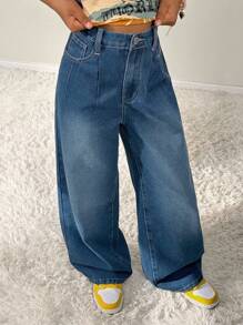 Coolane Tween 女孩，秋季服装，宽松百褶阔腿牛仔裤，蓝色，直筒牛仔裤，雨伞裤，时尚街头，适合所有季节，返校，宽松牛仔裤 - 藍色 - 查看 4