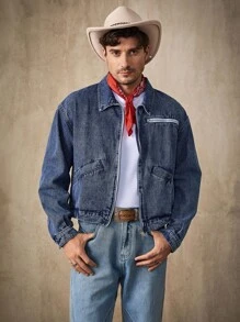 Manfinity Homme Casual Men's Zip-Up Denim Jacket, Streetwear Style Washed Outerwear - Blue - View 4