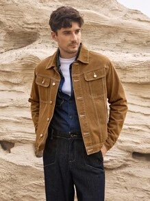 Manfinity Homme 男士棕色休闲牛仔夹克，撞色缝线，春夏秋季款 - 棕色 - 查看 4