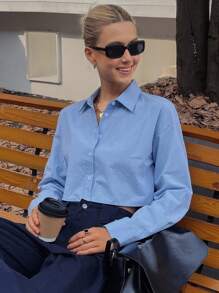 DAZY Women's Solid Color Blue Drop Shoulder Long Sleeve Single-Breasted Cropped Casual Shirt - Blue - View 2