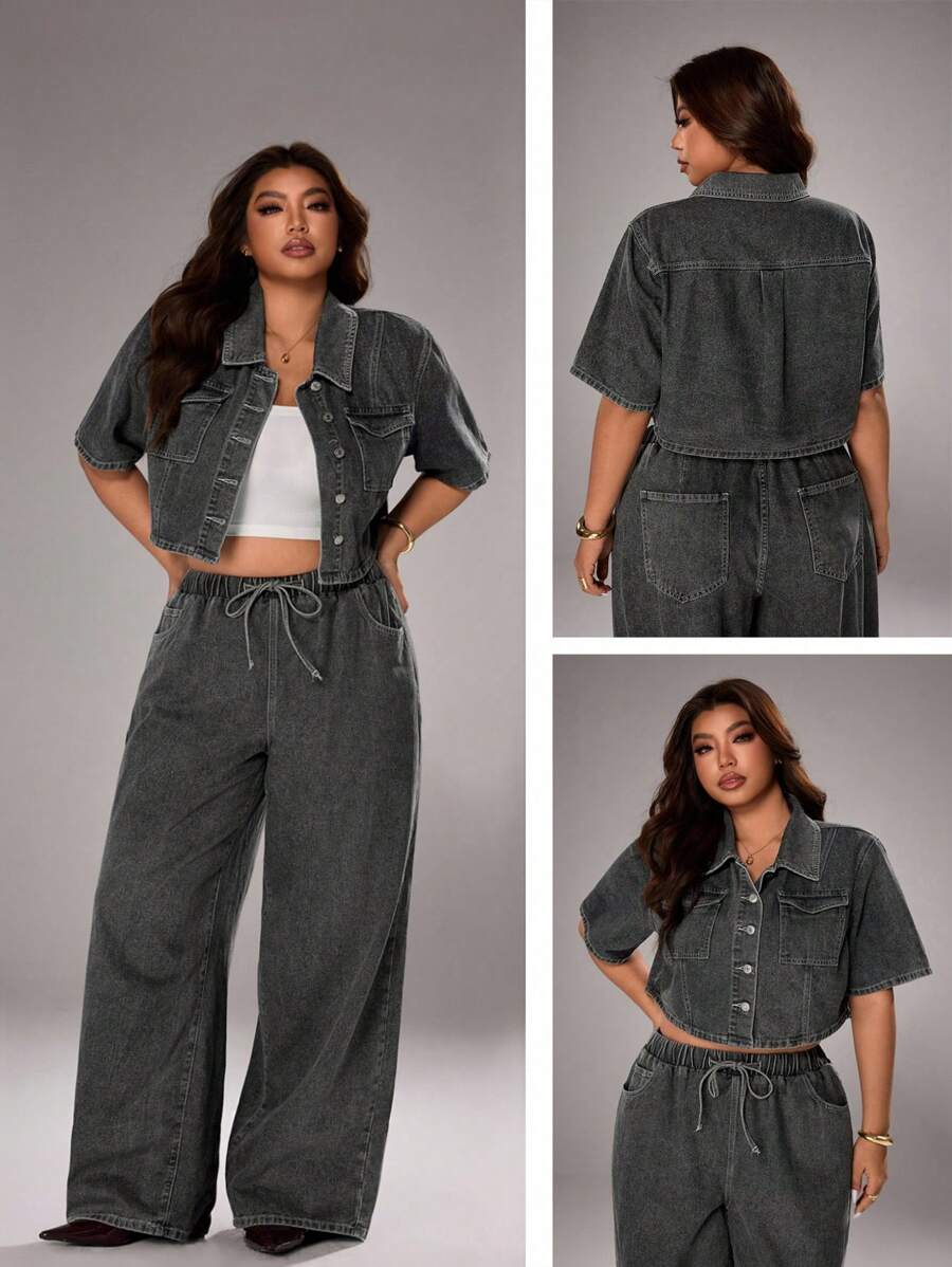 SHEIN EZwear 大码时尚深色洗水牛仔裤 - 灰色 - 查看 1