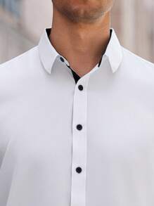 Manfinity Bizformal 男士休闲百搭长袖衬衫，适合通勤，秋季 - 白色 - 查看 3