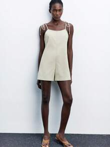 Maija Women's Khaki Denim Overalls And Jumpsuits Casual Fit Suspender Romper Shorts - Khaki - View 2