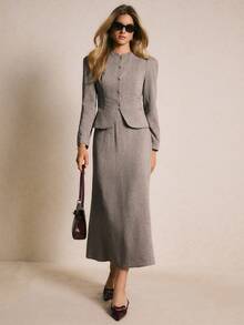 Poéselle Women's Elegant Brown Tweed Suit Set,Vintage Check Single-Breasted Bubble Sleeve Jacket & Midi Skirt,Grey Autumn Office Fall Winter Clothes,Elegant - Brown - View 5