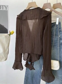 INAWLY Plus Size V-Neck Pleated Ruffle Tie Front Blouse Fall Cloth For Women - Coffee Brown - View 2