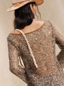 Easelle Damen sexy Flügelärmelige Pailletten durchscheinende lose T-Shirt, Gürtel nicht enthalten - Braun - Übersicht 9