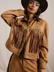 Easelle 2件套卡其色麂皮流苏和水钻装饰夹克和短裤女士套装 - 卡其色 - 查看 12