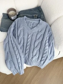SHEIN 少女基本款纯蓝色 V 领短款长袖套头衫，适合秋冬季、休闲、通勤、返校 - 藍色 - 查看 5