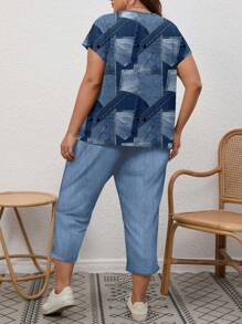 EMERY ROSE 2 件加大码套装：音乐节印花蓝色七分裤，适合春夏季度假