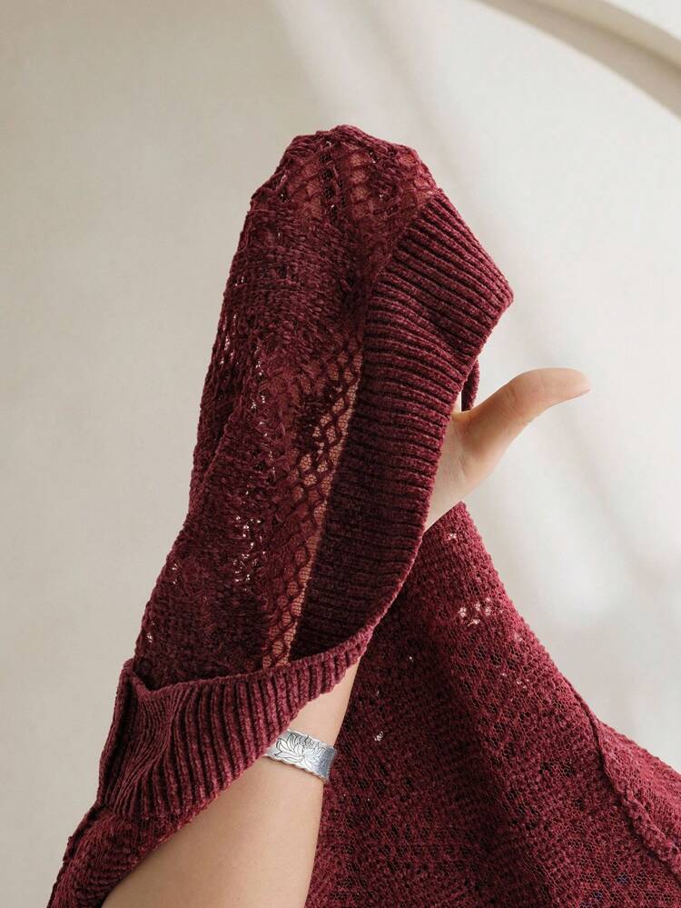 Elegant Organza Round Neck Hollow Out Knitted Top Fall Winter Sweater