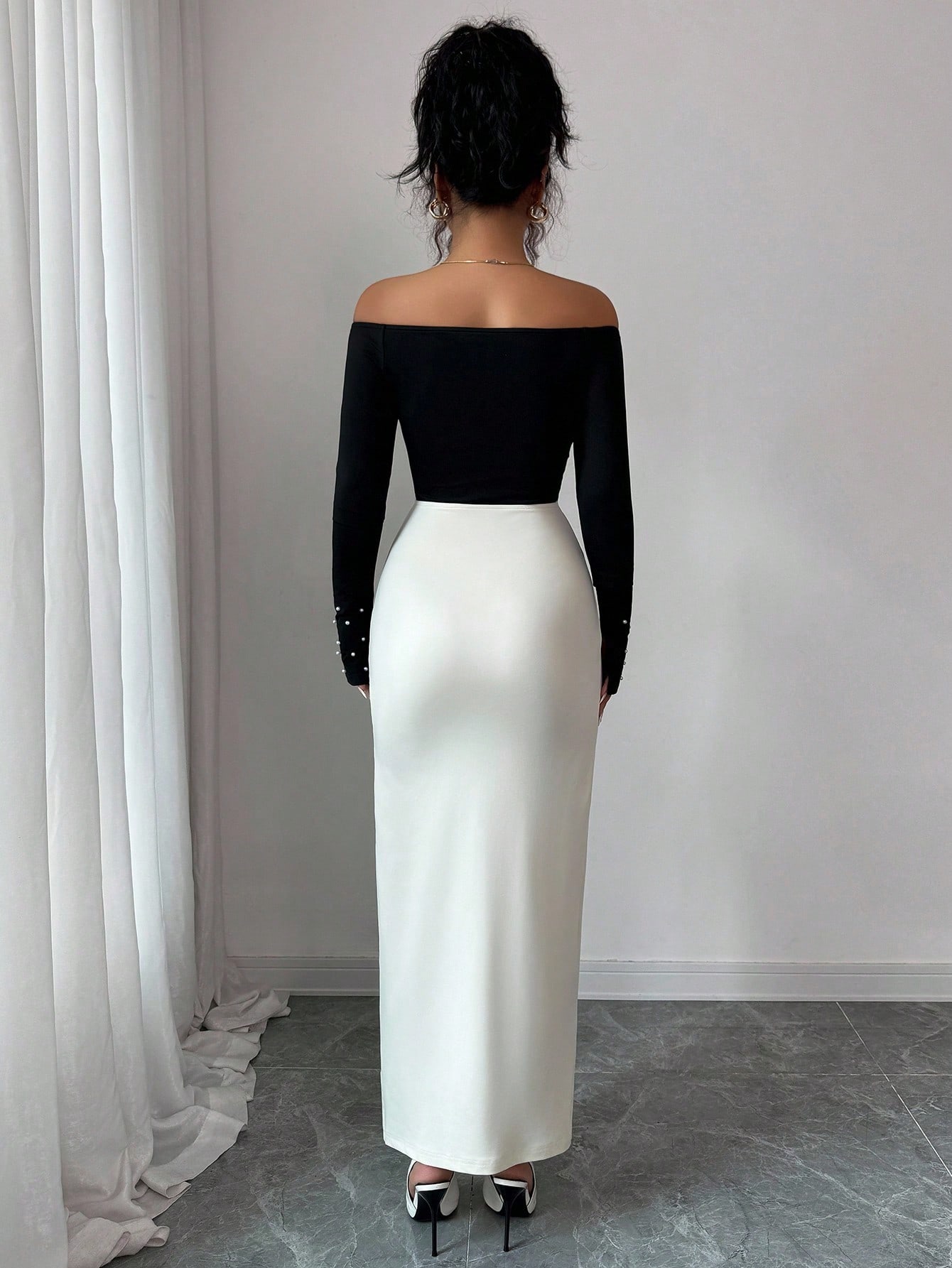 Elenzga فستان أنيق مناسب للسيدات مزين باللؤلؤ، خصر...