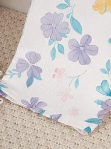 女童修身休闲轻便睡衣套装，优雅彩色花卉印花翻领开衫和长裤，2 件套家居服 - 白色 - 查看 3