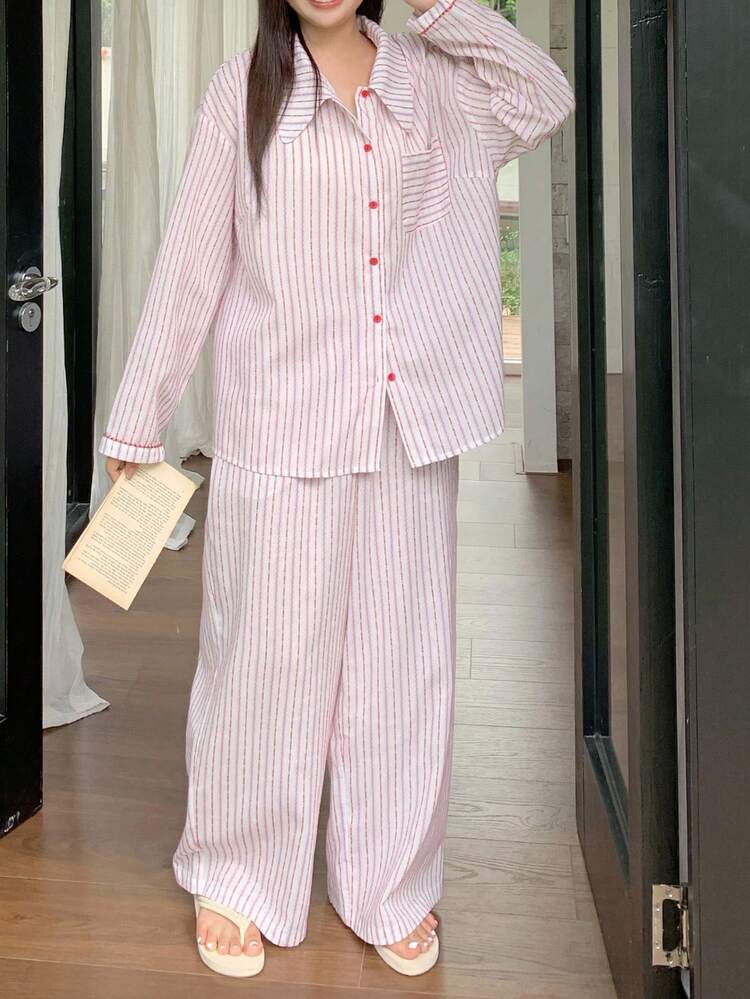 Dazy Plus Plus 2pcs Loose Striped Long Sleeve Top And Pants Pajama Set, Pink Sleepwear, Fall Clothes