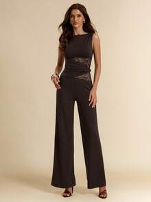 SHEIN BAE Women's Black Elegant Lace Stitching Sincere Extra Long Wide Leg Jumpsuit, Suitable For Daily Dates, Outings, Gatherings, Parties, Elegant Women's Layering, Asymmetric Wide Leg Jumpsuit, Valentine's Day Jumpsuit, Everyday Jumpsuit, Elegant Jumpsuit