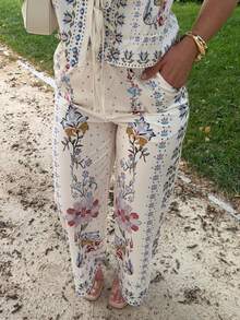 Jeta Ari 2pcs Women Casual Floral Print Tied Front Sleeveless Shirt And Pants Set