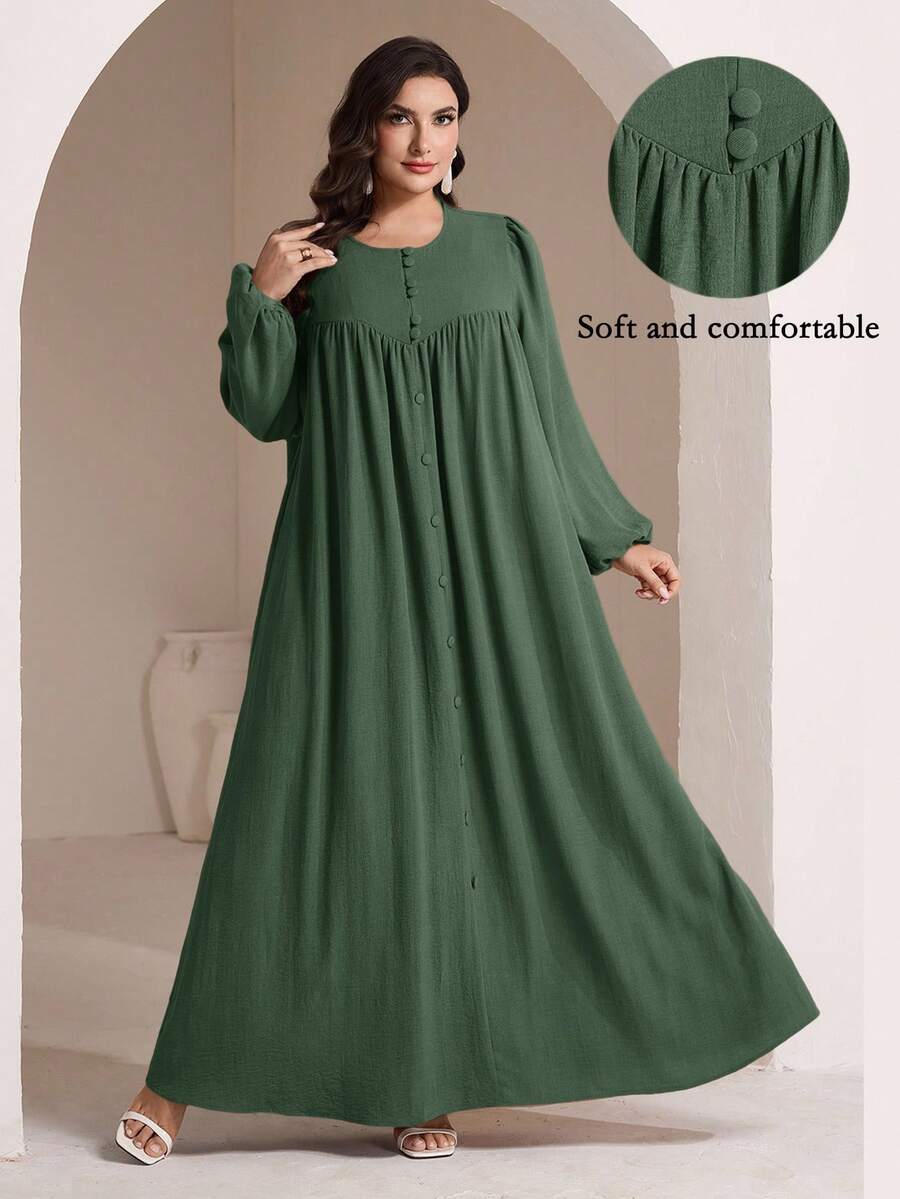 Veilorie Vestido elegante de unicolor estilo árabe para mujer de talla grande - Verde militar - Ver 1