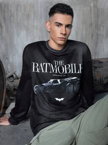 BATMAN X SHEIN Men Letter & Racing Car Graphic Crew Neck Long Sleeve Batmobile Graphic Black Sweatshirt
