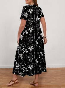 EMERY ROSE 大码女式休闲优雅花卉印花 V 领短袖长裙，适合春夏季 - 黑色 - 查看 2