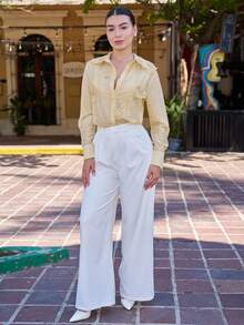 Andrea Bello Pantalon évasé à plis et poche, couleur unie, style minimaliste pour femmes - Blanc - Voir 6