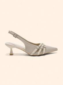 CUCCOO BASICS Giày cao gót hở mũi, đế kitten heel, mũi nhọn, thân trên dệt kim màu mơ, thoải mái, thoáng khí, phù hợp đi làm và đi chơi hàng ngày - Màu be - Xem 2