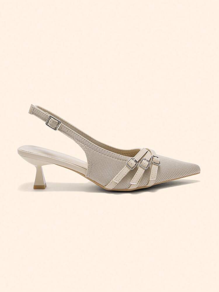 CUCCOO BASICS Women's Pointed Toe Kitten Heel Slingback Pumps, Apricot Knit Upper, Comfortable Breathable Elegant Commute & Daily Wear High Heel Mule Shoes For Christmas Spring Shoes