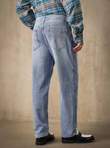 RivetRise Quần jeans ống đứng màu xanh nhạt, đơn giản, rách dành cho nam - Rửa nhẹ - Xem 3