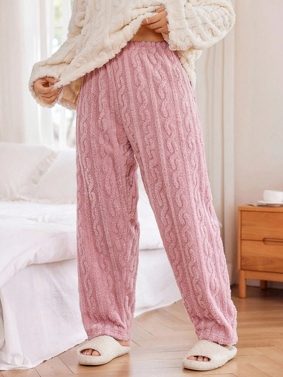 SHEIN Plus Size Cozy Warm Fleece Fluffy Sleep Bottoms, Fall Winter - Pink - View 1