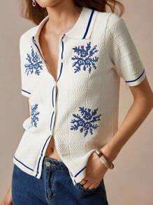 Florisole Cárdigan asimétrico de punto estilo bohemio, jersey de punto con cuello polo, suéter de punto informal para primavera - Albaricoque - Ver 1