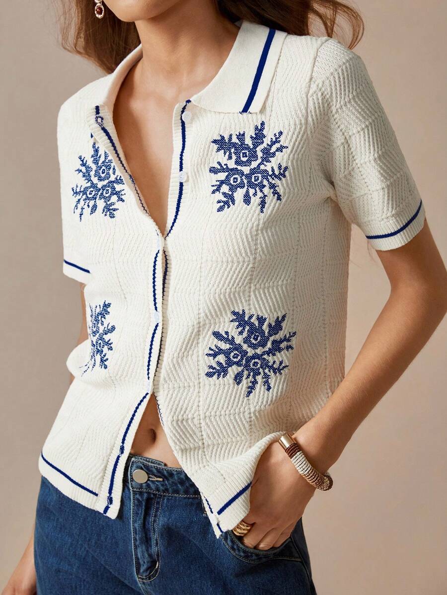 Florisole Cárdigan asimétrico de punto estilo bohemio, jersey de punto con cuello polo, suéter de punto informal para primavera - Albaricoque - Ver 1