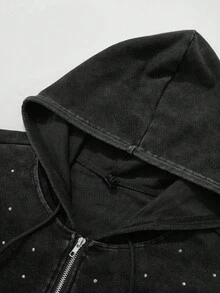 ROMWE MEN Street Life Men's Street Style American Design Rhinestone Zip Up Hoodie Sweatshirt - Black - View 6